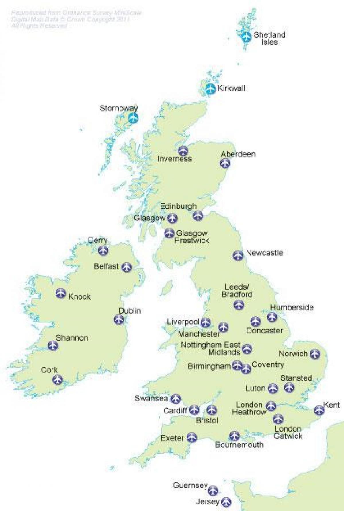 Kaart van de luchthavens van het Verenigd Koninkrijk (VK)
