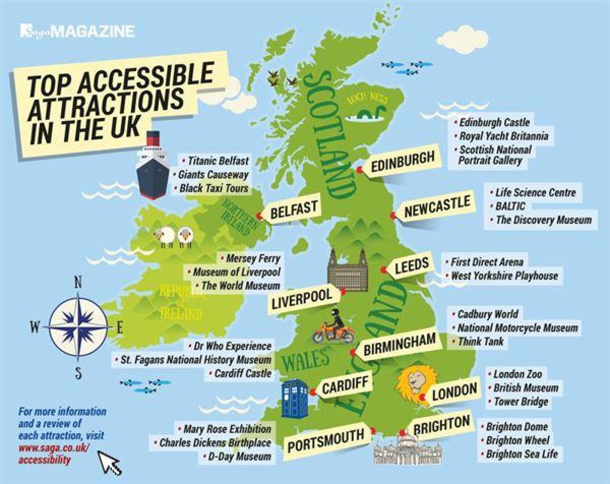 Kaart van de toeristische attracties in het Verenigd Koninkrijk (VK)