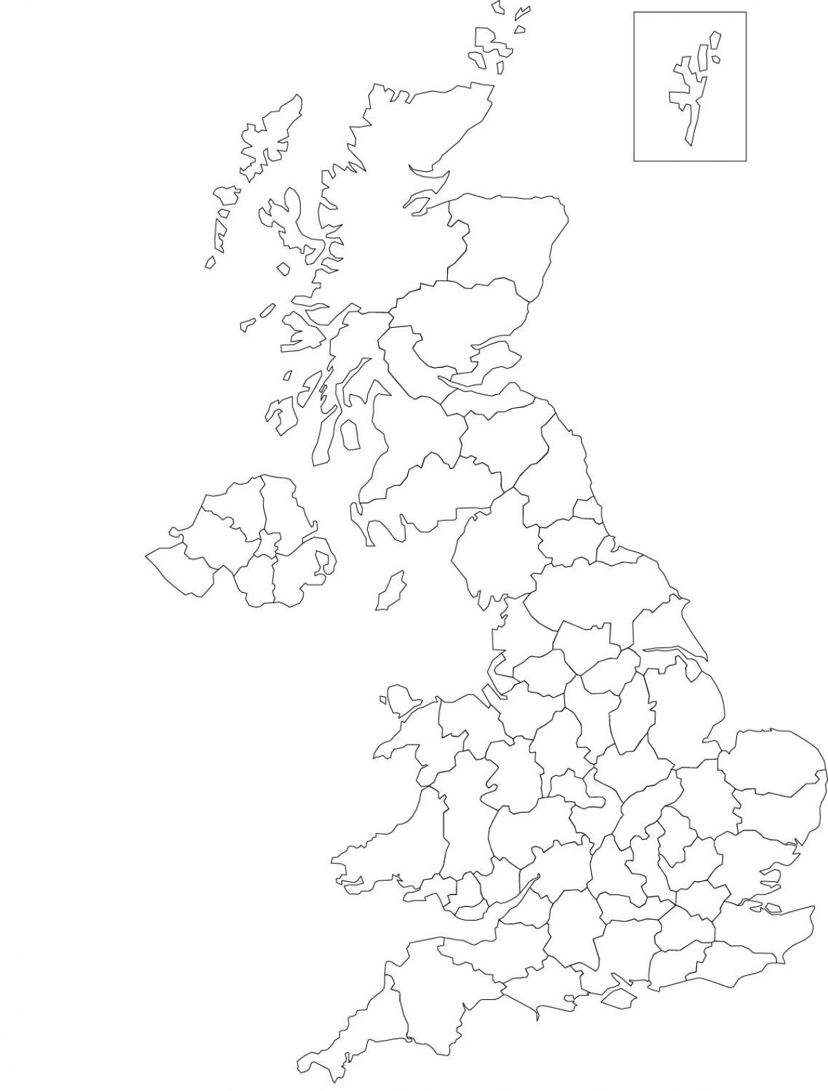 De kaart met de contouren van het Verenigd Koninkrijk (VK)