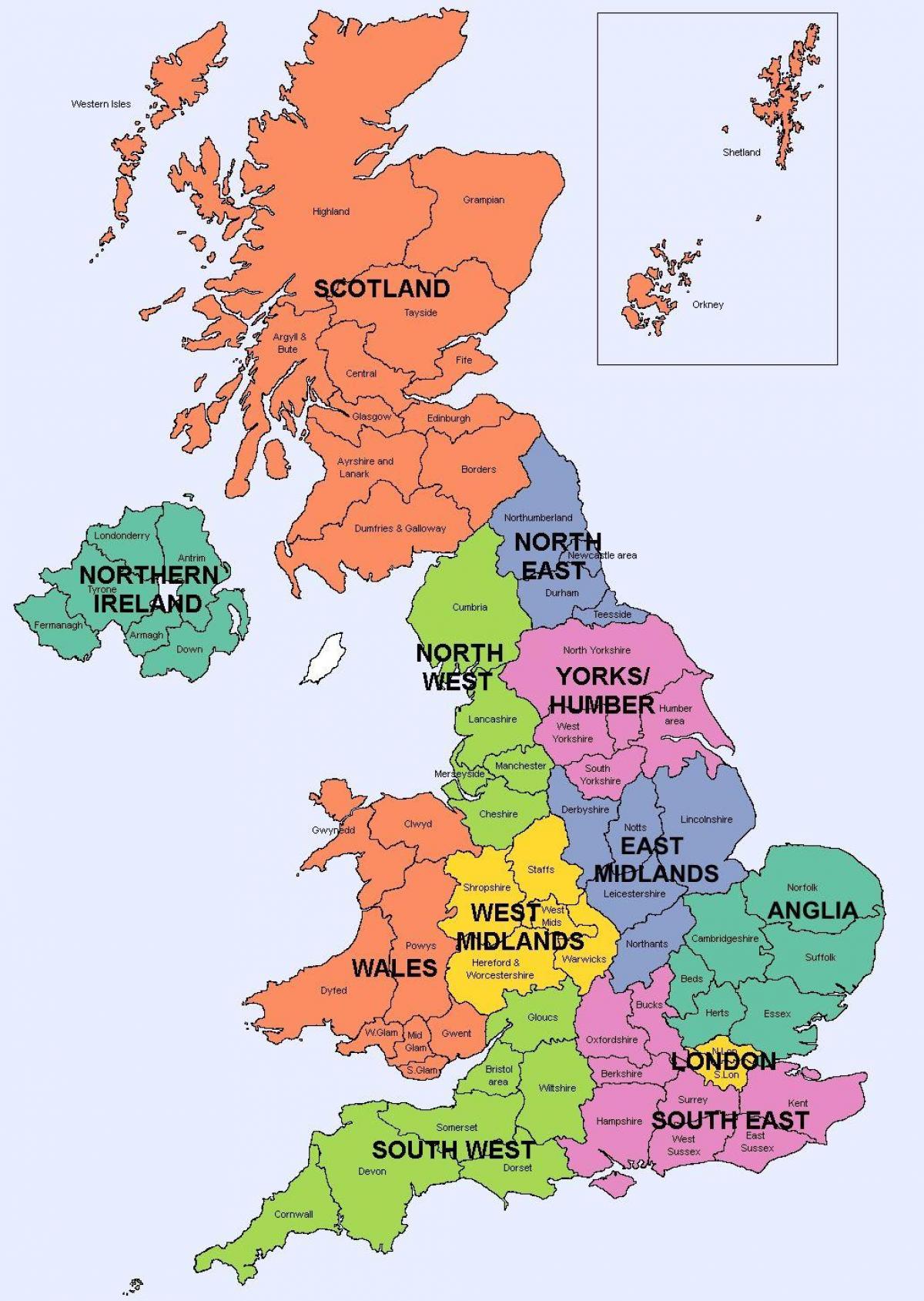 Kaart van de gebieden in het Verenigd Koninkrijk (VK)