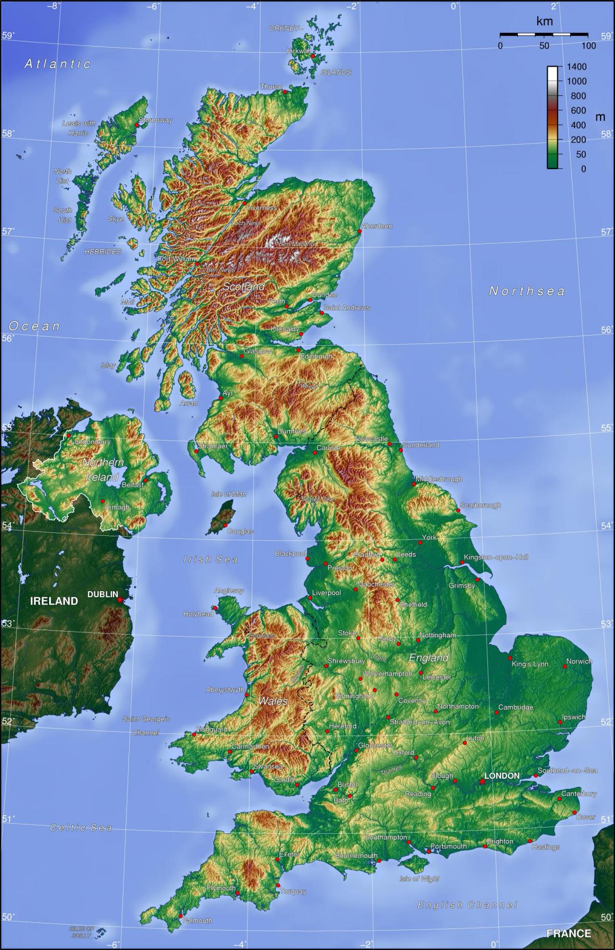 Topografische kaart van het Verenigd Koninkrijk (VK)